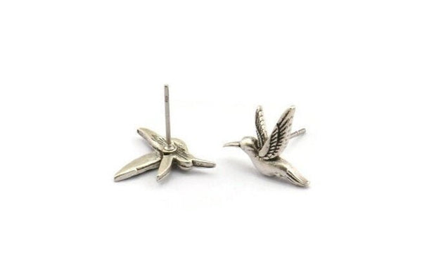 Silver Bird Earring, 6 Antique Silver Plated Brass Bird Stud Earrings (15x13mm) N1001 Q0968