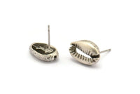 Silver Shell Earring, 4 Antique Silver Plated Brass Cowrie Shell Stud Earrings (14x9mm) N0938