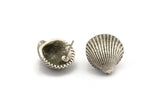 Silver Shell Earring, 2 Antique Silver Plated Brass Sea Shell Stud Earrings (18x16mm) N0940