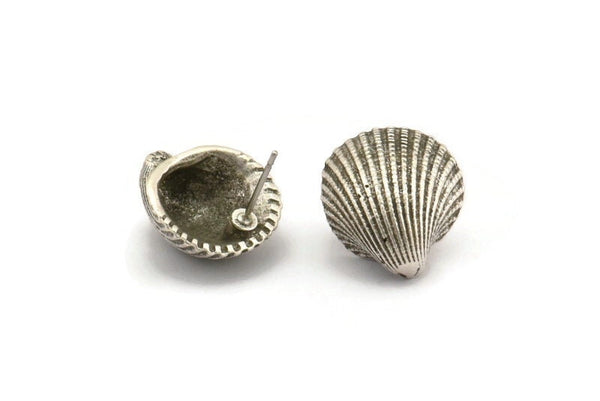 Silver Shell Earring, 2 Antique Silver Plated Brass Sea Shell Stud Earrings (18x16mm) N0940