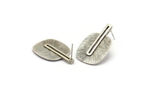 Silver Earring Post, 2 Posts Antique Silver Plated Brass Textured Earrings (32x21x1mm) N1163