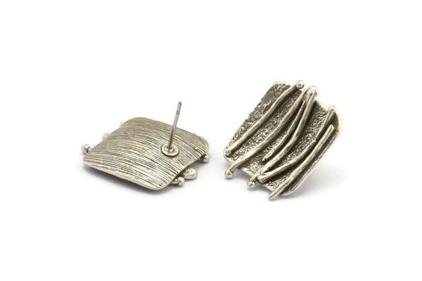 Silver Square Earring, 2 Antique Silver Plated Brass Square Stud Earrings (19x23mm) N1057