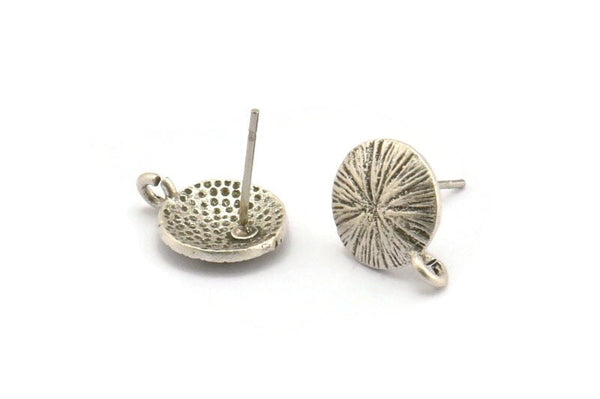 Silver Earring Posts, 4 Antique Silver Plated Brass Round Earring Stud, Earring Charms With 1 Loop (10mm) N0794