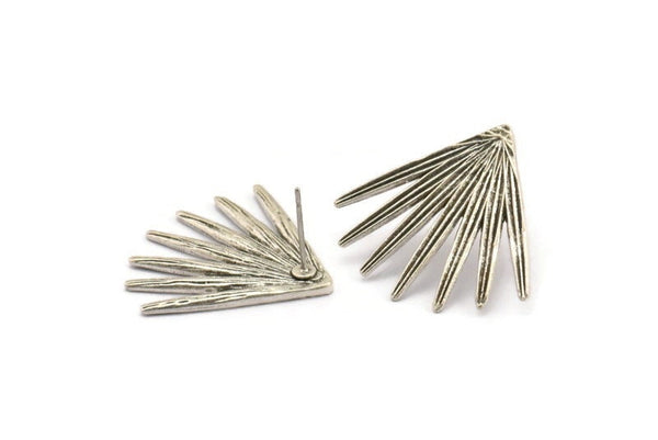 Silver Broom Earring, 2 Antique Silver Plated Brass Broom Stud Earrings (27x30x1.5mm) N1027