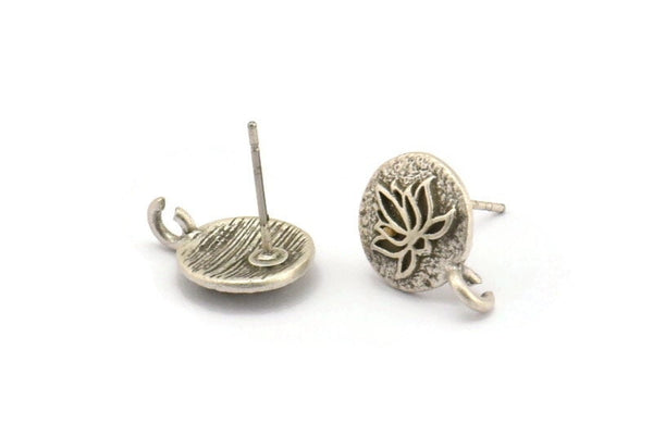Silver Flower Earring, 4 Antique Silver Plated Brass Lotus Flower Stud Earrings With 1 Loop (10mm) N0915