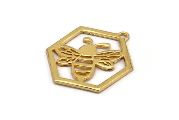 Gold Bee Charm, Gold Plated Brass Bee Charm With 1 Loop, Pendant, Finding (30x28x1.5mm) N1379