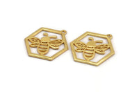 Gold Bee Charm, Gold Plated Brass Bee Charm With 1 Loop, Pendant, Finding (30x28x1.5mm) N1379