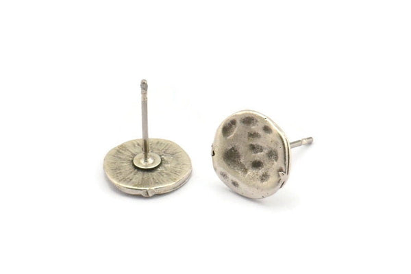 Silver Round Earring, 4 Antique Silver Plated Brass Round Earring Studs (10mm) N1175