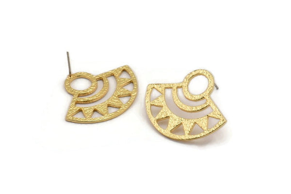 Gold Ethnic Earring, 2 Gold Plated Brass Semi Circle Stud Earrings With 1 Hole (32x26x1mm) E664 A1278