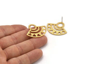 Gold Ethnic Earring, 2 Gold Plated Brass Semi Circle Stud Earrings With 1 Hole (32x26x1mm) E664 A1278