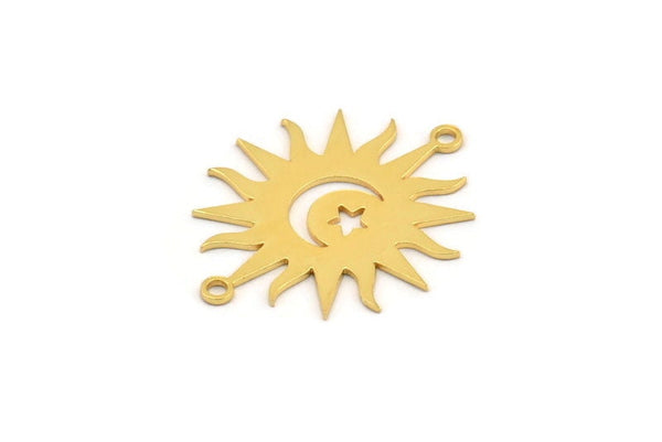 Gold Sun Charm 4 Gold Plated Brass Crescent Moon And Star Patterned Sun Shaped Connectors With 2 Loops, Charm Pendants (26x22x0.60mm) A3170