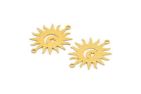 Gold Sun Charm 4 Gold Plated Brass Crescent Moon And Star Patterned Sun Shaped Connectors With 2 Loops, Charm Pendants (26x22x0.60mm) A3170