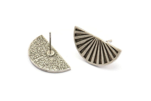 Semi Circle Earring, 2 Antique Silver Plated Brass Half Moon Stud Earrings (22x11x1.2mm) N1330
