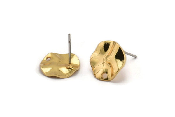 Gold Round Earring, 4 Gold Plated Brass Wavy Round Stud Earrings With 1 Hole (12x0.80mm) D1067 A2190