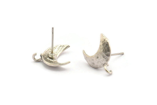 Silver Earring Post, 4 Antique Silver Plated Brass Moon Earring Posts With 1 Loop (14x15mm) BS 2439 H1009