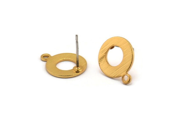 Gold Circle Earring, 4 Textured Gold Plated Brass Circle Stud Earrings With 1 Loop (15x12x0.80mm) M362 A1627