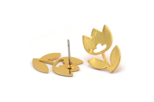 Gold Flower Earring, 4 Gold Plated Brass Tulip Flower Shaped Stud Earrings (17x12x0.80mm) A2660