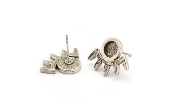 Silver Eye Earring, 4 Antique Silver Plated Brass Eye Stud Earrings - Stone Setting - Pad Size 6mm (19x14x1.5mm) N1321