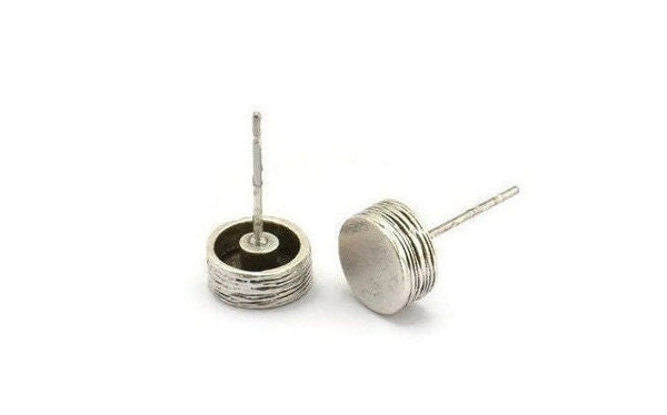 Silver Round Earring, 6 Antique Silver Plated Brass Round Earring Studs (8x3mm) N1405
