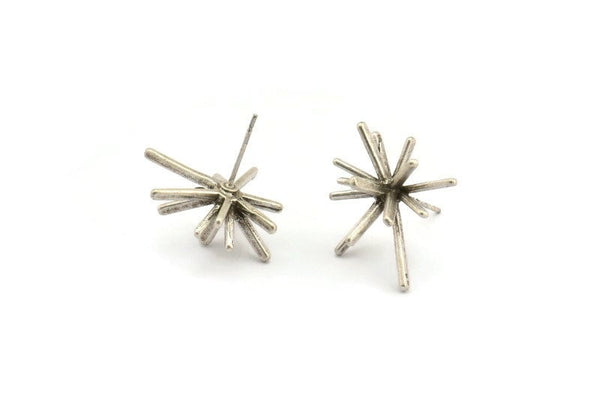 Silver Sea Urchin Earring, 2 Antique Silver Plated Brass Sea Urchin Stud Earrings (23x20mm) N1360 H0507