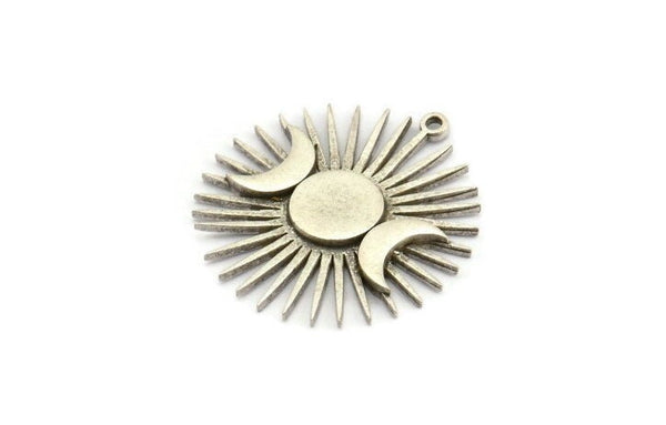 Gümüş Ay Tılsımı, Antik Gümüş Kaplama Pirinç Ay ve Gezegen Tılsımı, 1 Halka, Kolye Ucu (31x29x2mm) N1434