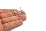 Silver Home Earring, 4 Antique Silver Plated Brass House Stud Earrings (11mm) N1362