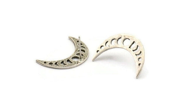 Silver Moon Earring, 4 Antique Silver Plated Brass Moon Phases Stud Earrings (24x7x1.2mm) N1320