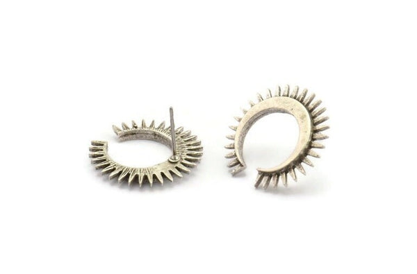 Silver Moon Earring, 2 Antique Silver Plated Brass Crescent Moon Stud Earrings (21x2.5mm) N1433