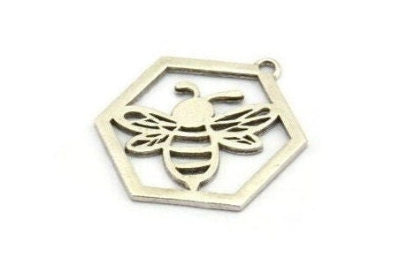 Silver Bee Charm, 2 Antique Silver Plated Brass Bee Charms With 1 Loop, Pendants, Findings (30x28x1.5mm) N1379