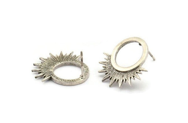 Silver Sun Earring, 4 Antique Silver Plated Brass Sunshine Stud Earrings (22x21x1.5mm) N1333