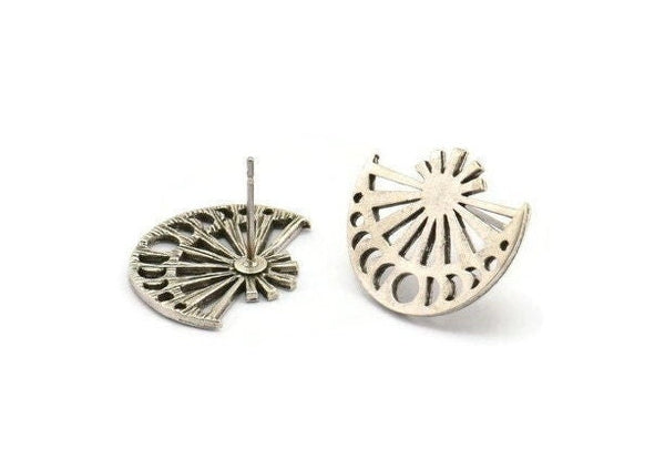 Silver Moon Earring, 4 Antique Silver Plated Brass Moon Phases Stud Earrings (19x16x1mm) N1339