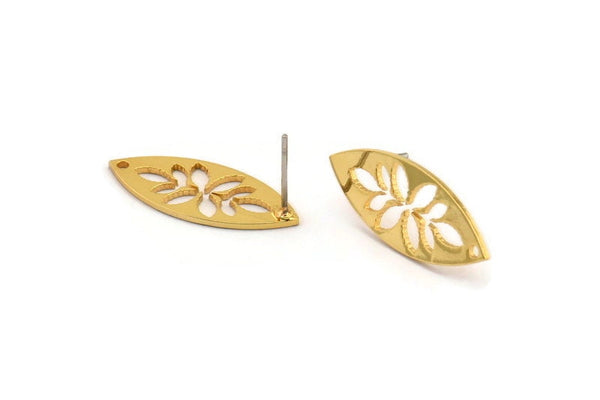 Gold Marquise Earring, 4 Gold Plated Brass Leaf Patterned Marquise Shaped Stud Earrings With 1 Hole (24x10x0.80mm) A6216 A2812 H0189