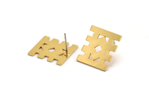 Earring Studs, 2 Gold Plated Brass - Ethnic Motif Shaped Stud Earrings - Gold Earrings - Earrings (18x16x0.80mm) A2806