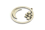 Silver Moon Charm, Antique Silver Plated Brass Moon And Star Charm With 1 Loop (36x34x1.5mm) N1346