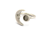 Silver Ring Settings, Antique Silver Plated Brass Moon And Planet Ring With 1 Stone Setting - Pad Size 6mm N1495