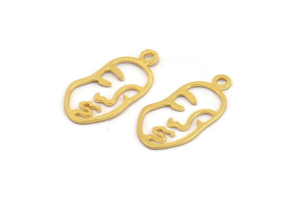 Gold Face Charm, 10 Gold Plated Brass Face Charms With 1 Loop, Charm Earrings (20x10x0.80mm) E649