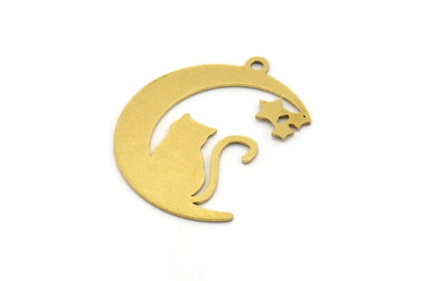 Brass Cat Charm, 6 Raw Brass Crescent Moon And Cat Shaped Charms With 1 Loop, Earring Findings (26x20x0.60mm) A4515