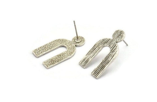 Earring Studs, 2 Antique Silver Plated Brass - U Shape Earrings - Silver Earrings - Earrings (15x27x1.2mm) N1466