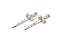 Knight&#39;s Sword Pendant, 2 Silver Plated Brass Sword Charms (44x17mm) N0404 H0998