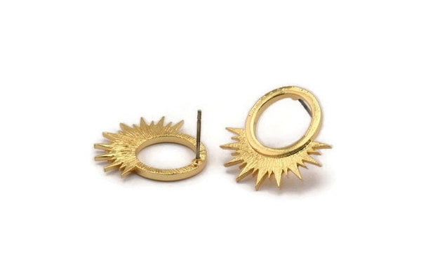 Gold Sun Earring, 2 Gold Plated Brass Sunshine Stud Earrings (22x21x1.5mm) N1333