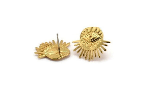 Gold Eye Earring, 2 Gold Plated Brass Eye Stud Earrings (21x18mm) N1322