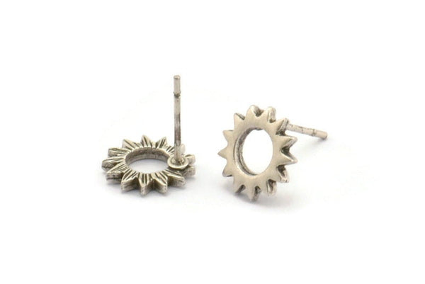 Silver Sun Earring, 8 Antique Silver Plated Brass Sun Stud Earrings (10x1.2mm) N1216