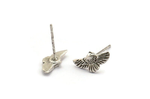 Silver Bird Earring, 8 Antique Silver Plated Brass Bird Stud Earrings (12x6mm) N1214 H1193