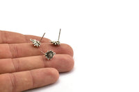Silver Flower Earring, 6 Antique Silver Plated Brass Flower Stud Earrings With 1 Loop (9x11mm) N1166