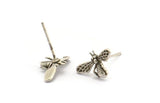 Silver Bee Earring, 8 Antique Silver Plated Brass Bee Stud Earrings (15x9mm) N1183 Q1072
