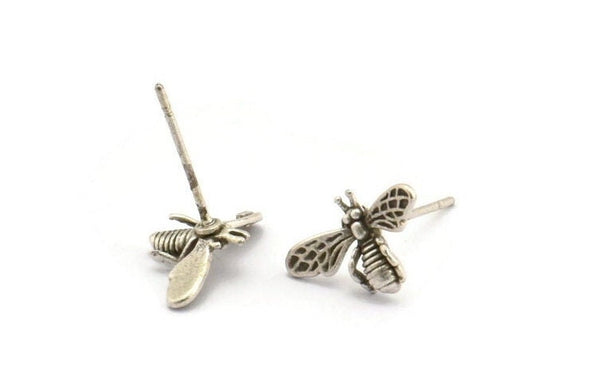 Silver Bee Earring, 8 Antique Silver Plated Brass Bee Stud Earrings (15x9mm) N1183 Q1072