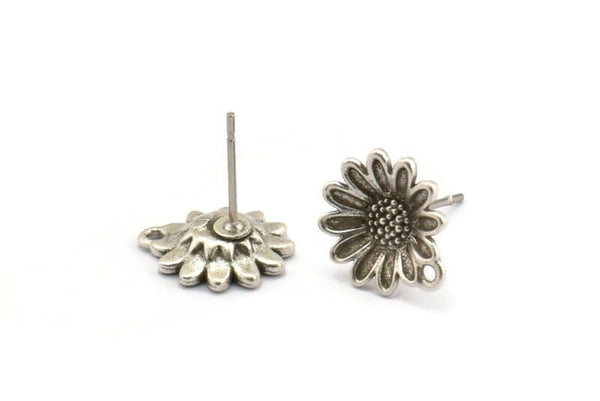 Silver Flower Earring, 4 Antique Silver Plated Brass Flower Stud Earrings With 1 Hole (11x13mm) N1203