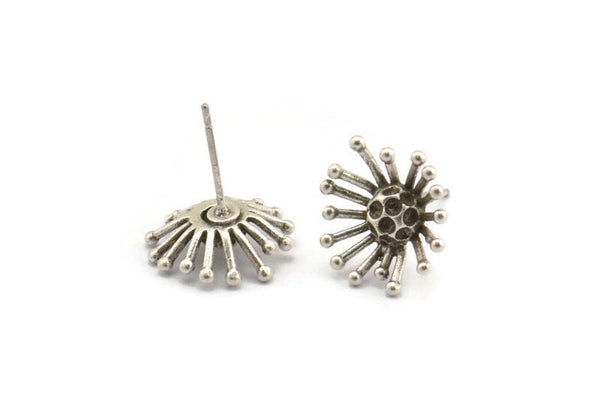 Silver Flower Earring, 4 Antique Silver Plated Brass Taraxacum Stud Earrings (14mm) N1182