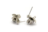 Silver Flower Earring, 2 Antique Silver Plated Brass Flower Stud Earrings With 1 Loop (15x14mm) N1204