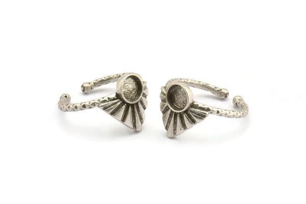Silver Ring Settings, 2 Antique Silver Plated Brass Drop Ring With 1 Stone Setting - Pad Size 6mm N1112